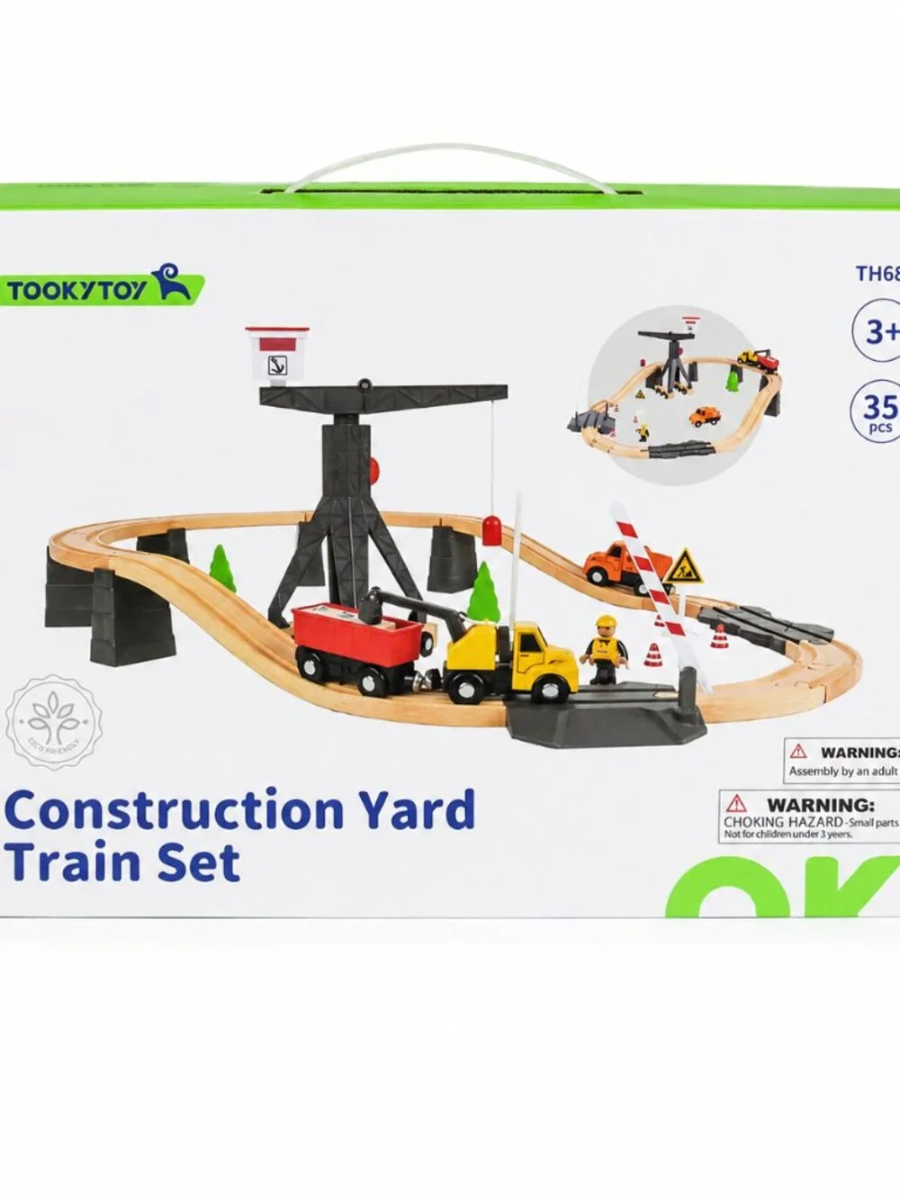 Wooden Construction Train Set Crane Trucks Railway Track Kids Toy Playset